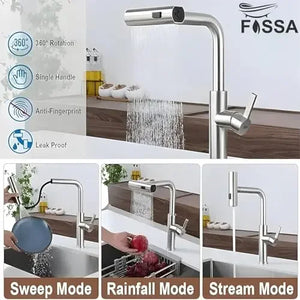 Fossa Pull-Out Kitchen Faucet, Stainless Steel Sink Faucet, Single Lever Rainfall Waterfall Faucet for Sinks, (Silver) Fossa Home