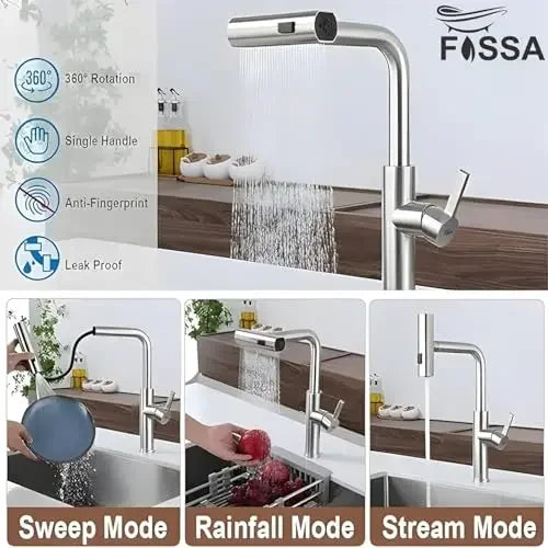 Fossa Pull-Out Kitchen Faucet, Stainless Steel Sink Faucet, Single Lever Rainfall Waterfall Faucet for Sinks, (Silver) Fossa Home