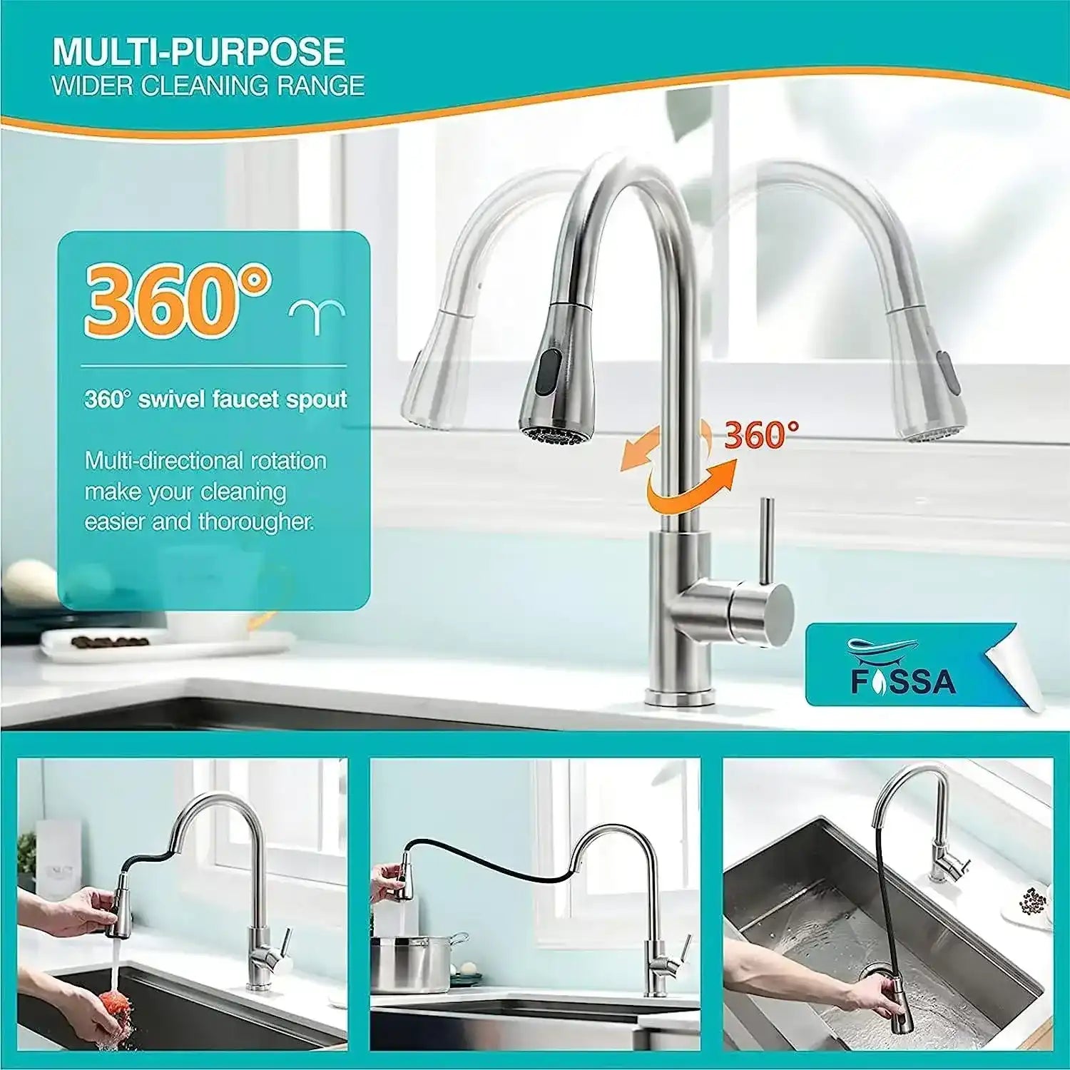 Fossa Pull-Out Kitchen Tap 360° Swivel Range Sink Mixer Tap Single Lever Mixer Tap for Kitchen Sink ( Light Weight) Fossa Home