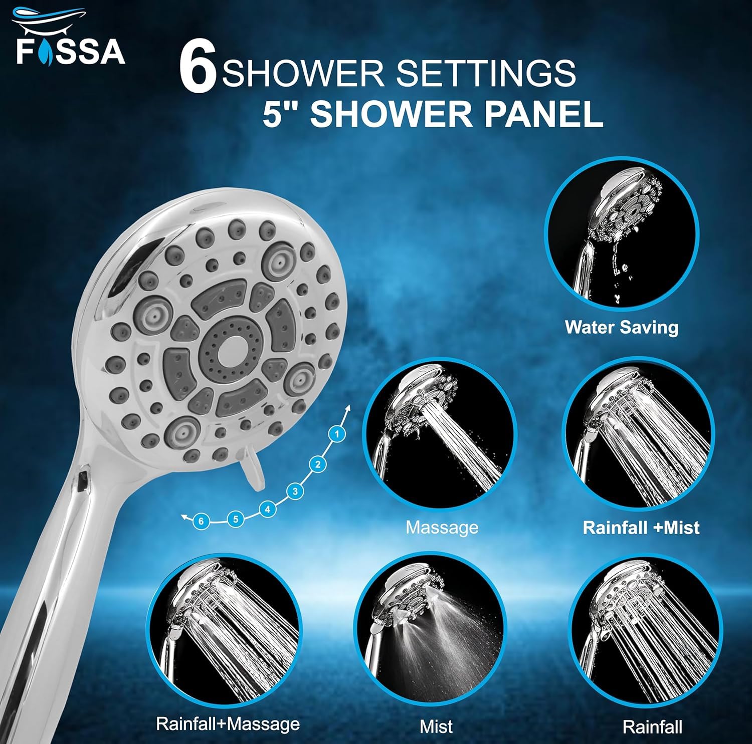 Fossa Earth Hand Shower – 6 Spray Modes, ABS Body with 1.5 Meter Stainless Steel Hose Pipe & Hook | High Pressure Bathroom Hand Shower Chrome Finish - Fossa Home 