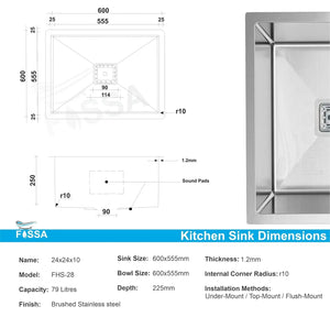 Fossa 24"x24"x10" Inch Single Bowl SS-304 Grade Stainless Steel Handmade Kitchen Sink Silver Fossa Home