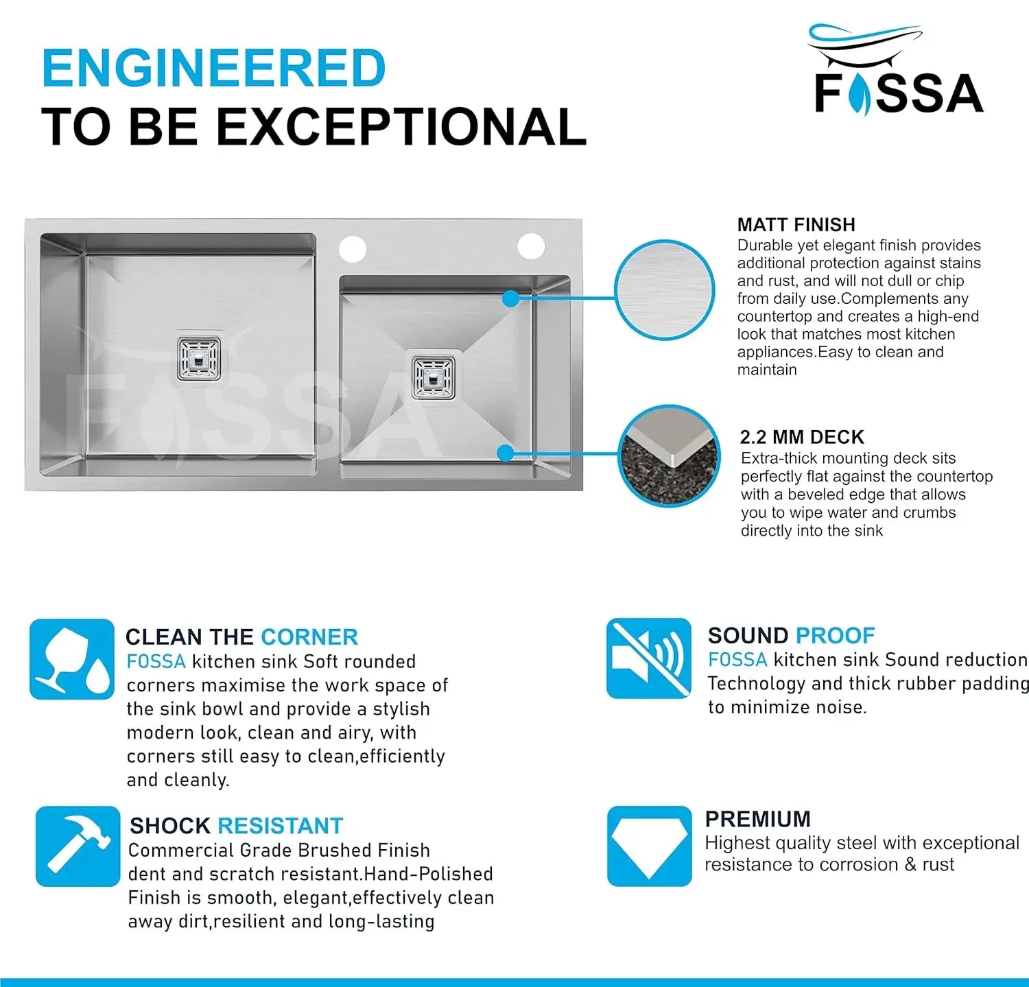 Fossa 32"x18"x10" Double Bowl with Single Tap Hole SS-304 Grade Handmade Kitchen Sink Silver Fossa Home