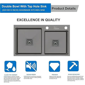 Fossa 32"x18"x10" Inch Double Bowl Tap Hole With Soap Dispenser Stainless steel Handmade Kitchen Sink ( Black ) Fossa Home