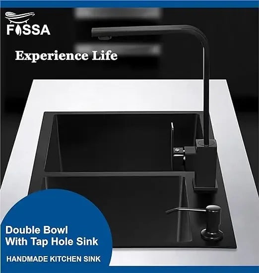 Fossa 32"x18"x10" Inch Double Bowl Tap Hole With Soap Dispenser Stainless steel Handmade Kitchen Sink ( Black ) Fossa Home
