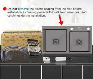 Fossa 32"x18"x10" Inch Double Bowl Tap Hole With Soap Dispenser Stainless steel Handmade Kitchen Sink ( Black ) Fossa Home