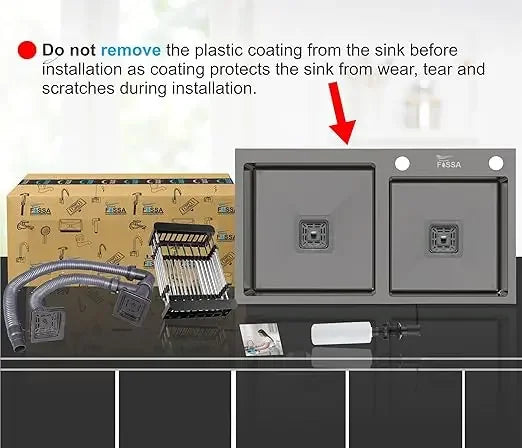 Fossa 32"x18"x10" Inch Double Bowl Tap Hole With Soap Dispenser Stainless steel Handmade Kitchen Sink ( Black ) Fossa Home