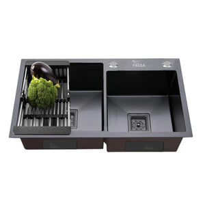 Fossa 32"x18"x10" Inch Double Bowl with Single Tap Hole SS-304 Grade Handmade Kitchen Sink Black Fossa Home