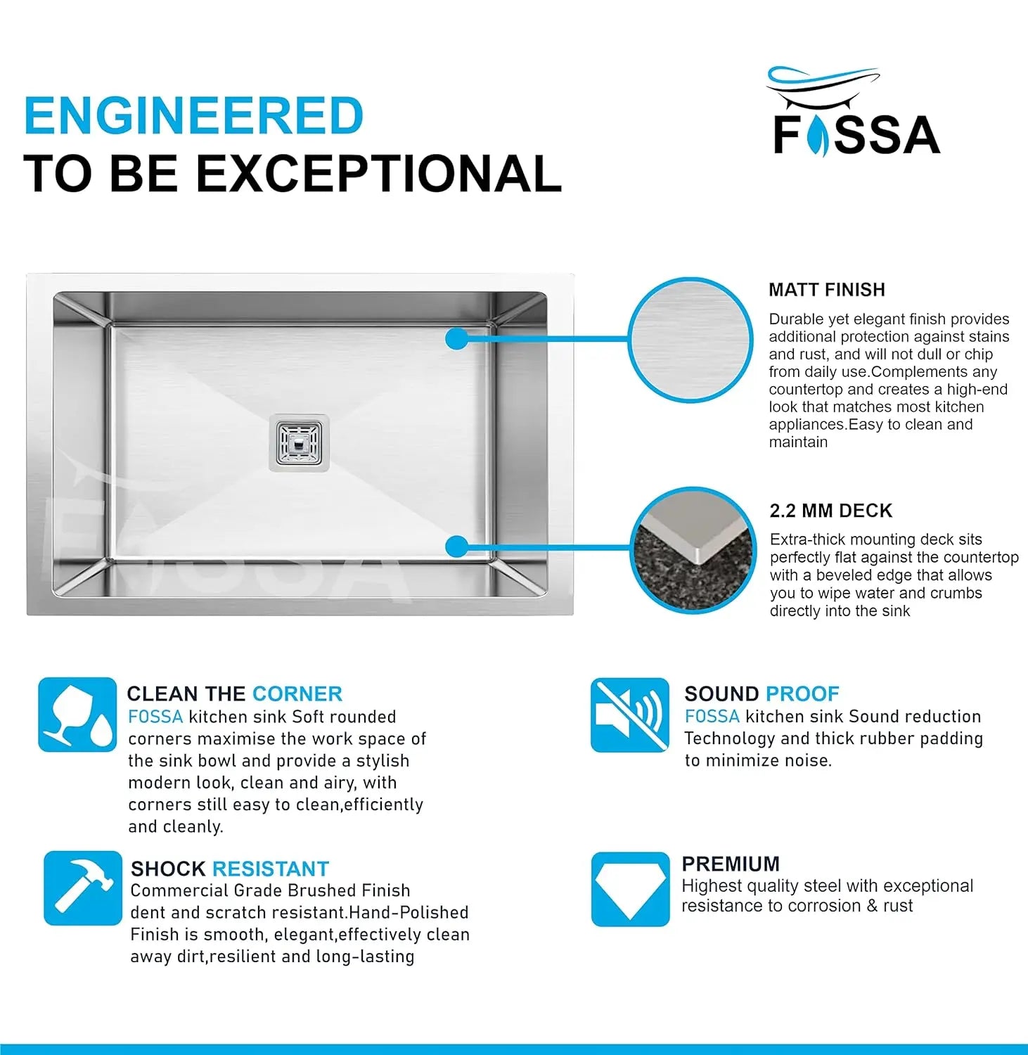 Fossa 32"x20"x10" Inch Single Bowl SS-304 Grade Stainless Steel Handmade Kitchen Sink Silver Fossa Home