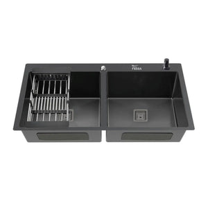 Fossa 37"x18"x10" Inch Double Bowl Tap Hole With Soap Dispenser Stainless steel Handmade Kitchen Sink ( Black ) Fossa Home