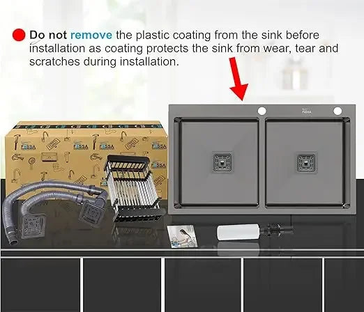 Fossa 37"x18"x10" Inch Double Bowl Tap Hole With Soap Dispenser Stainless steel Handmade Kitchen Sink ( Black ) Fossa Home