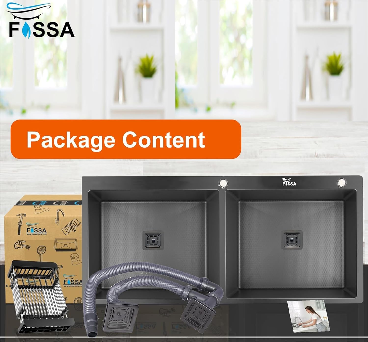 Fossa 37"x18"x10" Inch Double Bowl with Tap Hole 304 Grade Honeycomb Embossed Sink with Black Nano Coating, Stainless Steel Sink, Rectangular Workstation, Drainer and Overflow Set (Black) - Fossa Home