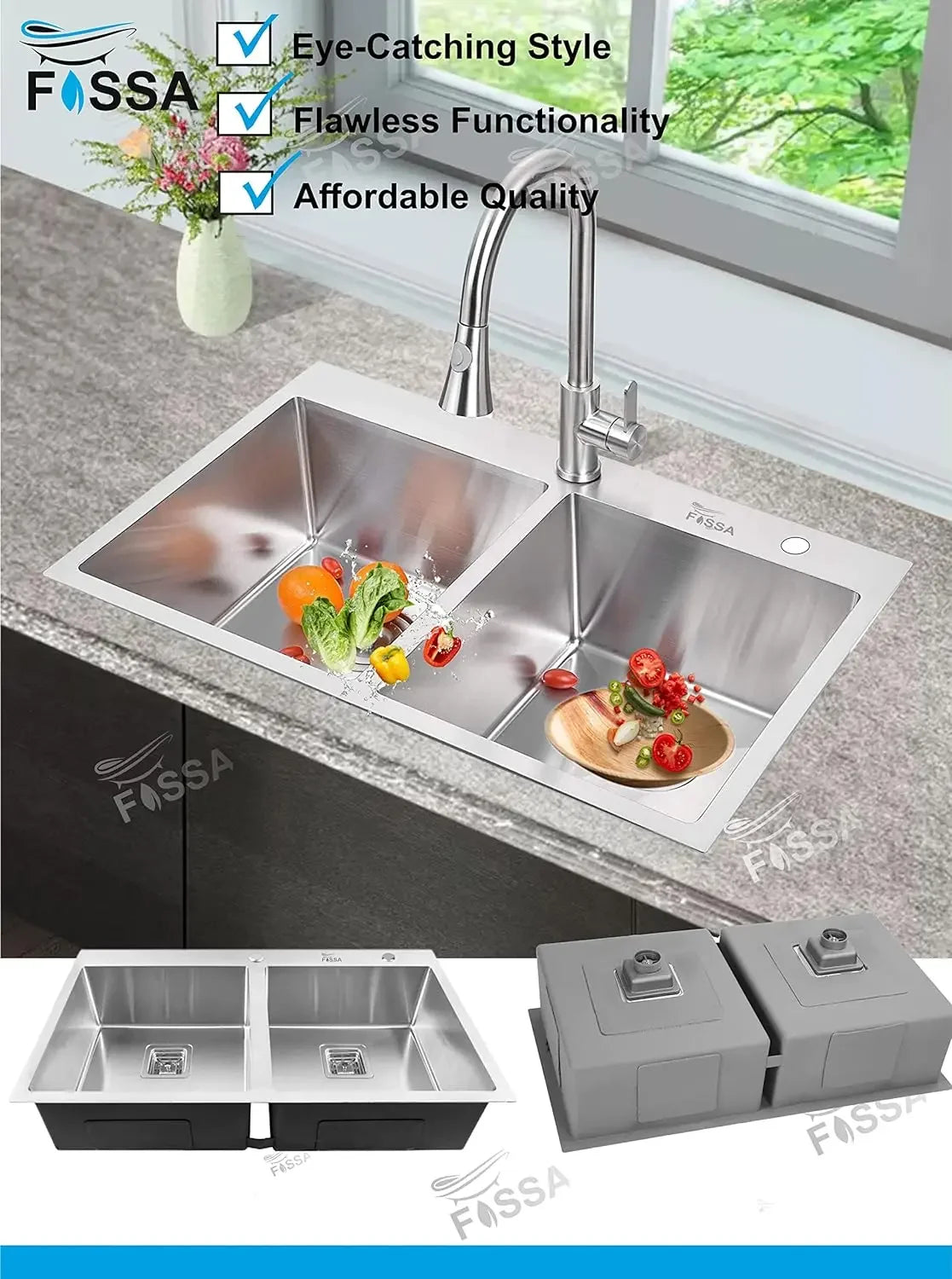 Fossa 37"x18"x10" Inch Double Bowl With Tap Hole SS-304 Grade Stainless Steel Handmade Kitchen Sink Matte Finish Silver Fossa Home