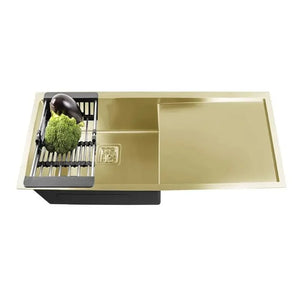 Fossa 37"x18"x10" Inch Single Bowl With Drain Board 304 Grade Handmade Kitchen Sink Gold Fossa Home