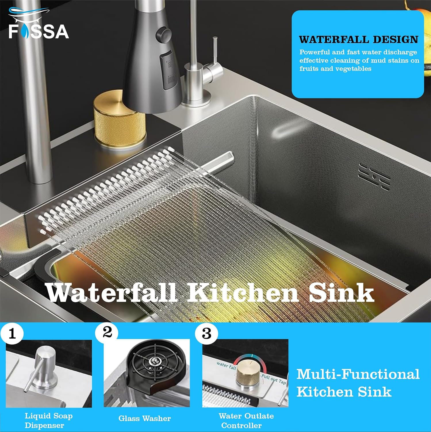 Fossa 37"x18"x10" Single Bowl 304 Grade WaterFall Kitchen Sink with Integrated Waterfall mode and Pull Down Faucet with Steel Tray, Fruit Basket and Complete Accessories Set. - Fossa Home 