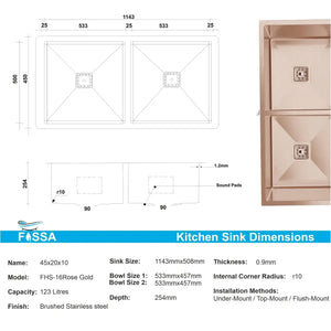 Fossa 45"x20"x10" Inch Double Bowl Premium Handmade Kitchen Sink Rose Gold Fossa Home