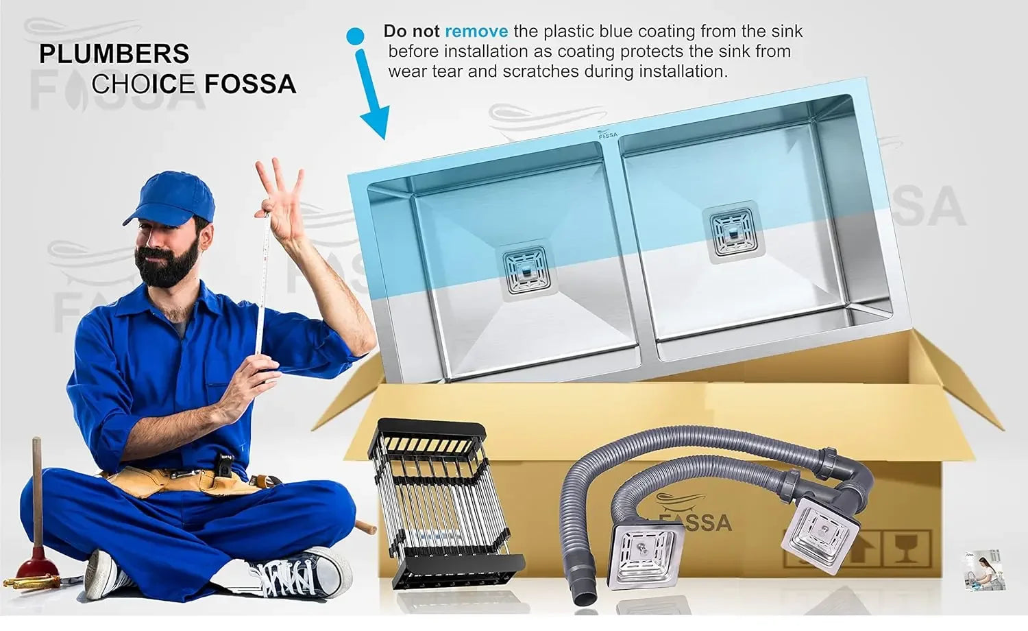 Fossa 45"x20"x10" Inch Double Bowl SS-304 Grade Stainless Steel Handmade Kitchen Sink Matt Finish Silver Fossa Home