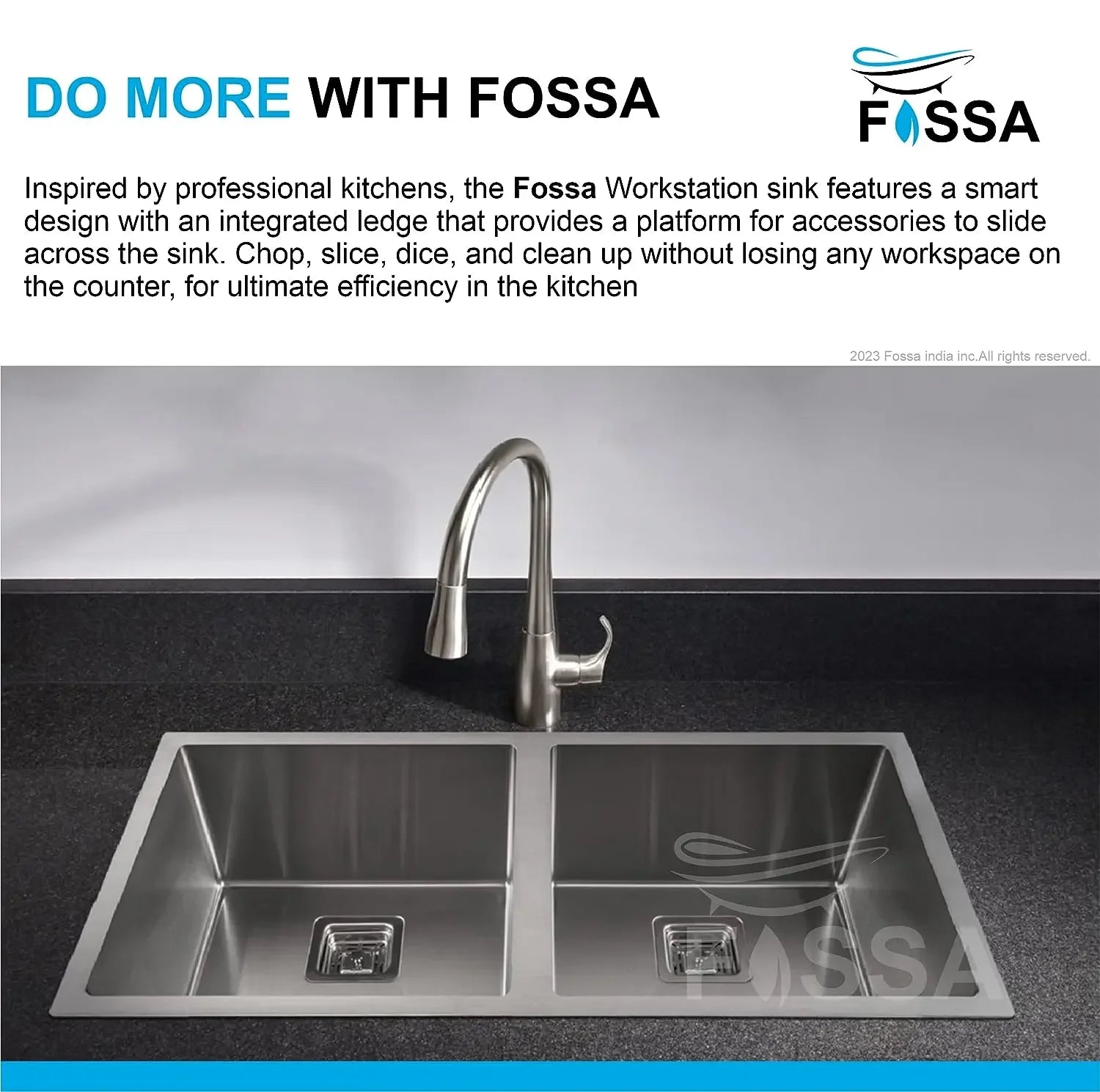 Fossa 45"x20"x10" Inch Double Bowl SS-304 Grade Stainless Steel Handmade Kitchen Sink Matt Finish Silver Fossa Home