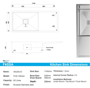 Fossa 45"x20"x10" Inch Single Bowl With Drain Board SS-304 Grade Stainless Steel Handmade Kitchen Sink Matte Finish Silver Fossa Home
