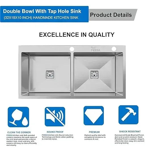 Fossa Silver Kitchen Sink - 32"x18"x10" Inch Stainless Steel Double Bowl Sink With Tap Hole,Drain Basket, Soap Dispenser, Siphon Drain - Topmount Sink for Campervan or Home Kitchen - Fossa Home 