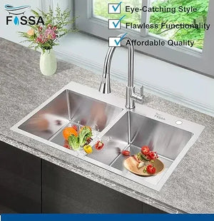 Fossa Silver Kitchen Sink - 32"x18"x10" Inch Stainless Steel Double Bowl Sink With Tap Hole,Drain Basket, Soap Dispenser, Siphon Drain - Topmount Sink for Campervan or Home Kitchen - Fossa Home 