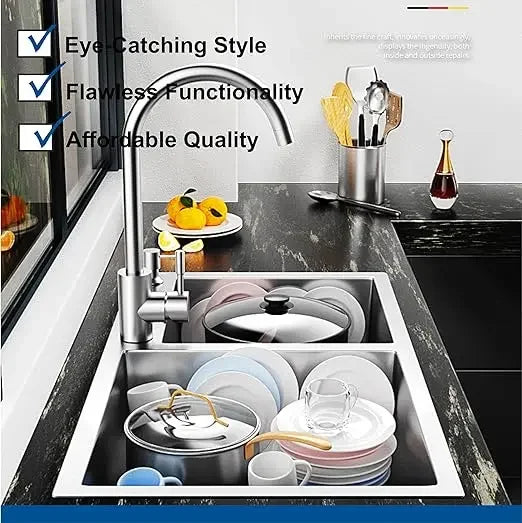 Fossa Silver Kitchen Sink - 32"x18"x10" Stainless Steel Double Bowl Sink With Single Tap Hole,Drain Basket, Soap Dispenser, Siphon Drain - Topmount Sink for Campervan or Home Kitchen Fossa Home