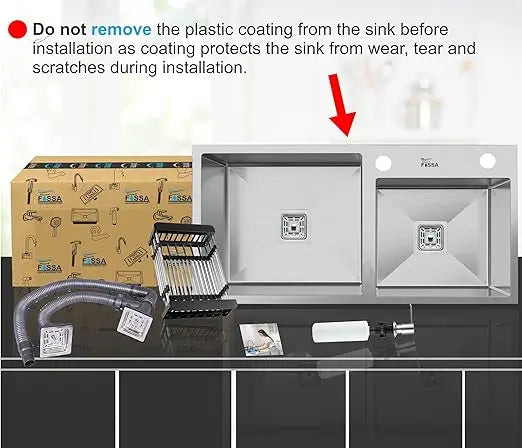 Fossa Silver Kitchen Sink - 45"x20"x10" Stainless Steel Double Bowl Sink With Single Tap Hole,Drain Basket, Soap Dispenser, Siphon Drain - Topmount Sink for Campervan or Home Kitchen Fossa Home