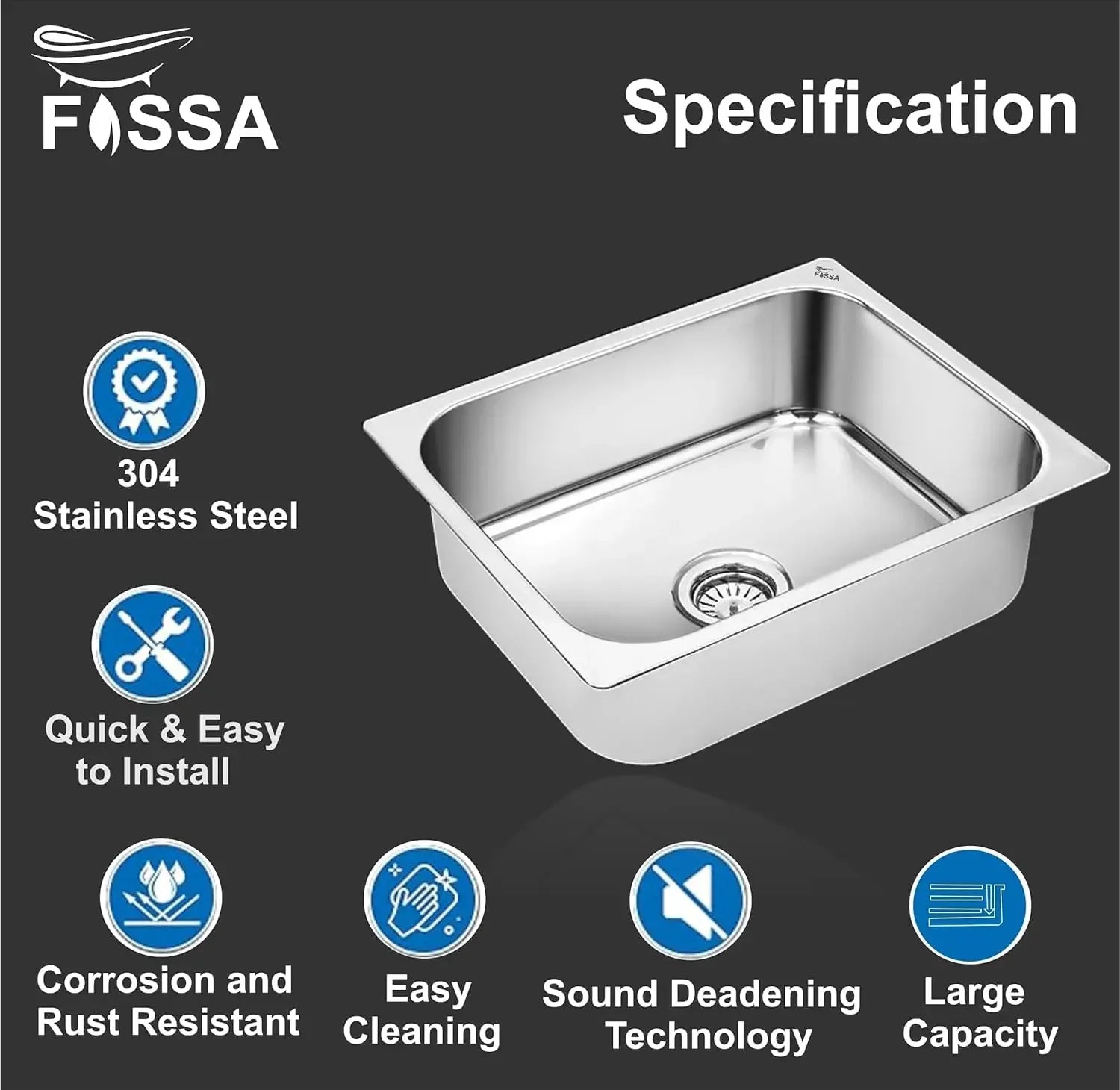 Fossa 18"X16"X09" Single Bowl Stainless Steel Kitchen Sink With SS Coupling Glossy Finish FIS-001 J Fossa Home