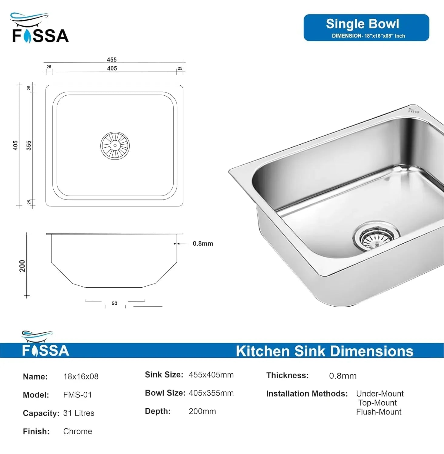 Fossa 18"X16"X09" Single Bowl Stainless Steel Kitchen Sink With SS Coupling Glossy Finish FIS-001 J Fossa Home