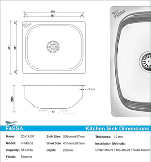 Fossa 20"x17"x09" inch Single Bowl Stainless Steel Kitchen Sink With SS Coupling Glossy Finish Fossa Home