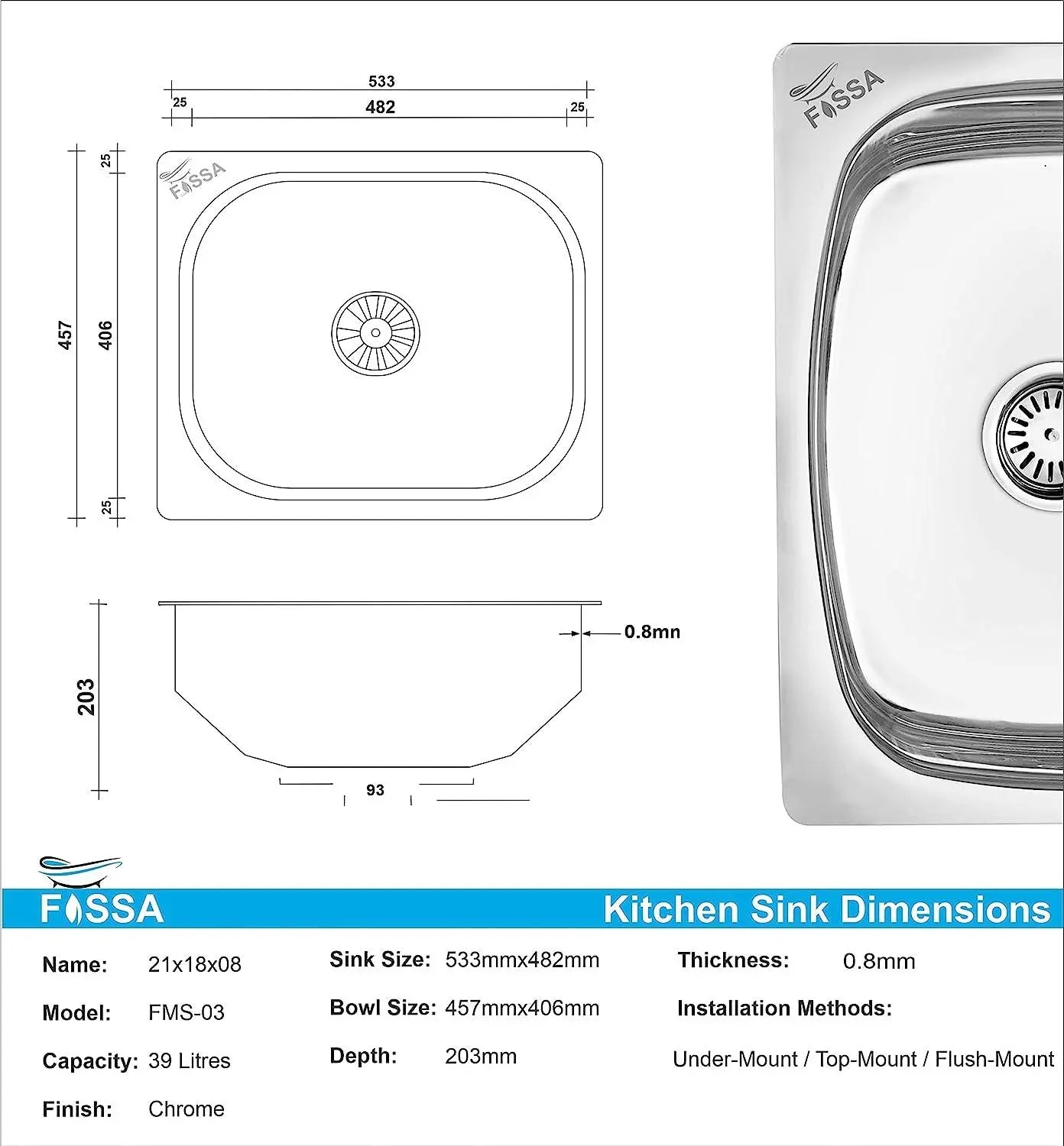 Fossa 21"X18"X08" Single Bowl Stainless Steel Kitchen Sink With SS Coupling Glossy Finish Fossa Home