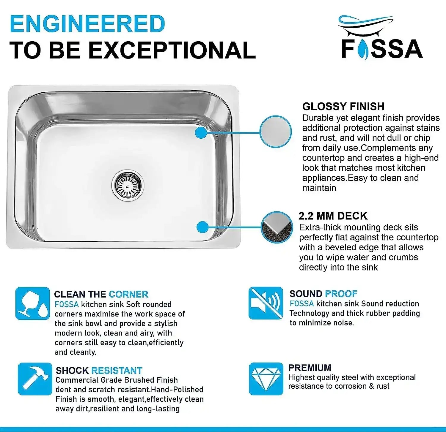 Fossa 24"X18"X09" Single Bowl Stainless Steel Kitchen Sink With SS Coupling Glossy Finish Fossa Home