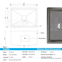 Fossa 24"x18"x10" Inch Single Bowl 304 Grade Stainless Steel Handmade Kitchen Sink Round Coupling Matte Finish FHS-04R Black Fossa Home