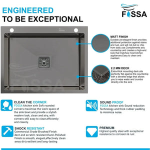 Fossa 24"x18"x10" Inch Single Bowl With Side Tap Hole SS-304 grade Handmade Kitchen Sink Black Fossa Home