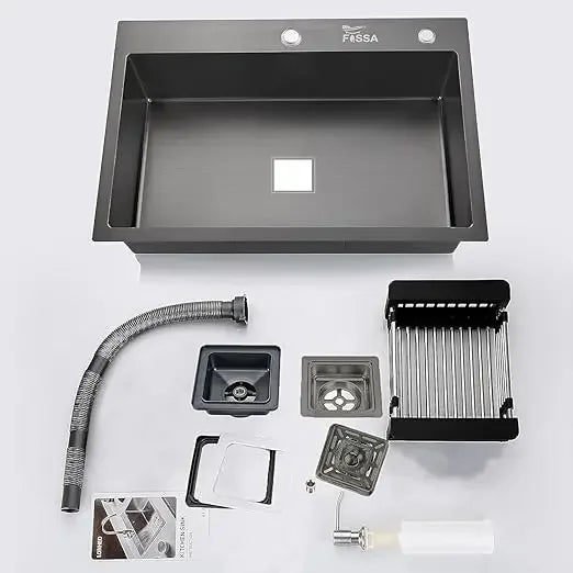 Fossa 24"x18"x10" Inch Single Bowl With Tap Hole Premium Stainless Steel Handmade Kitchen Sink (Matte Finish) Black Fossa Home