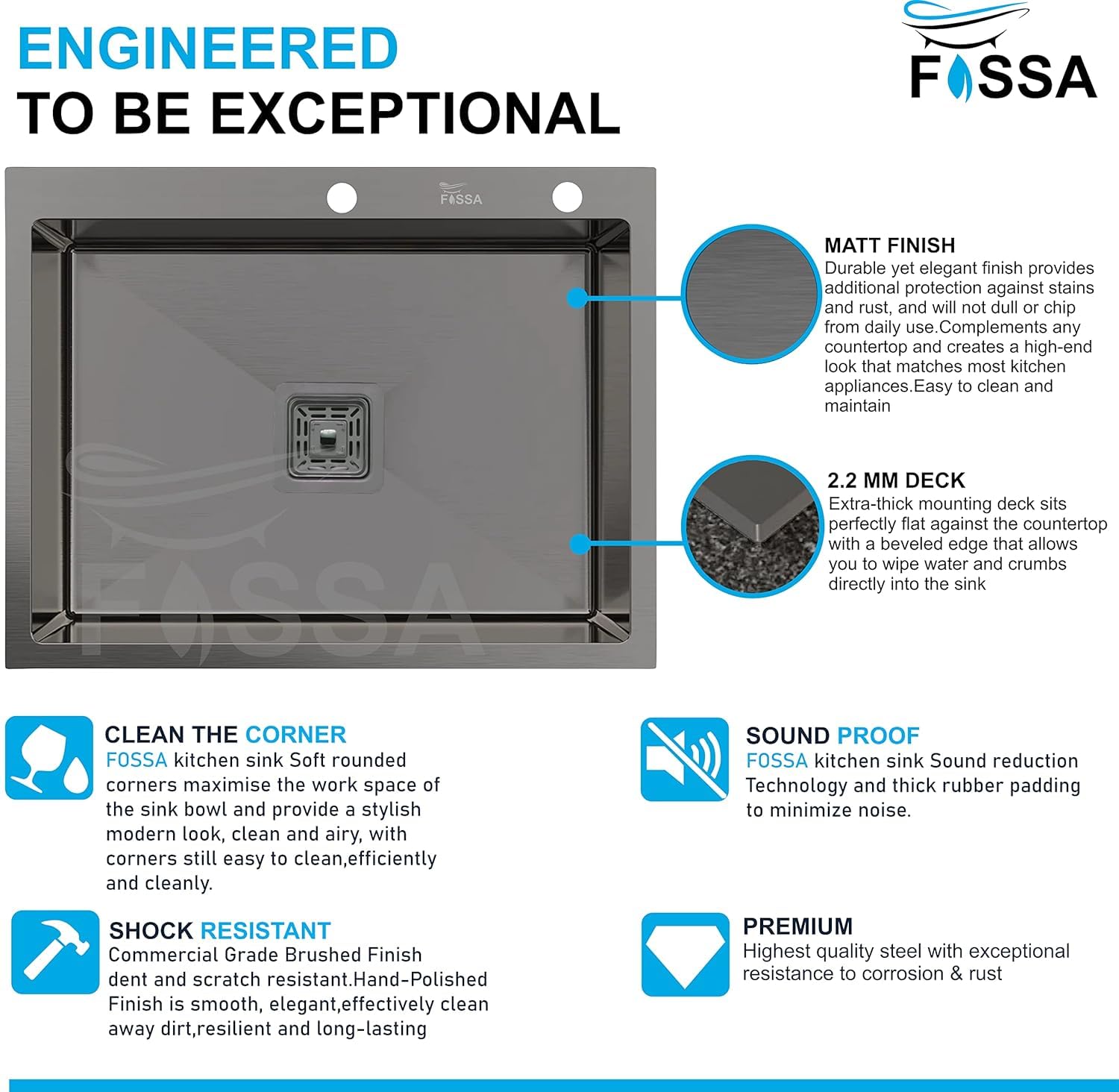 Fossa 24"x18"x10" Inch Single Bowl With Tap Hole Premium Stainless Steel Handmade Kitchen Sink (Matte Finish) Black - Fossa Home 