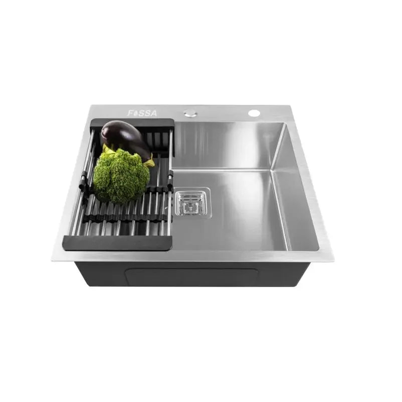 Fossa 24"x18"x10" Inch Single Bowl With Tap Hole SS-304 Grade Handmade Kitchen Sink Silver Fossa Home