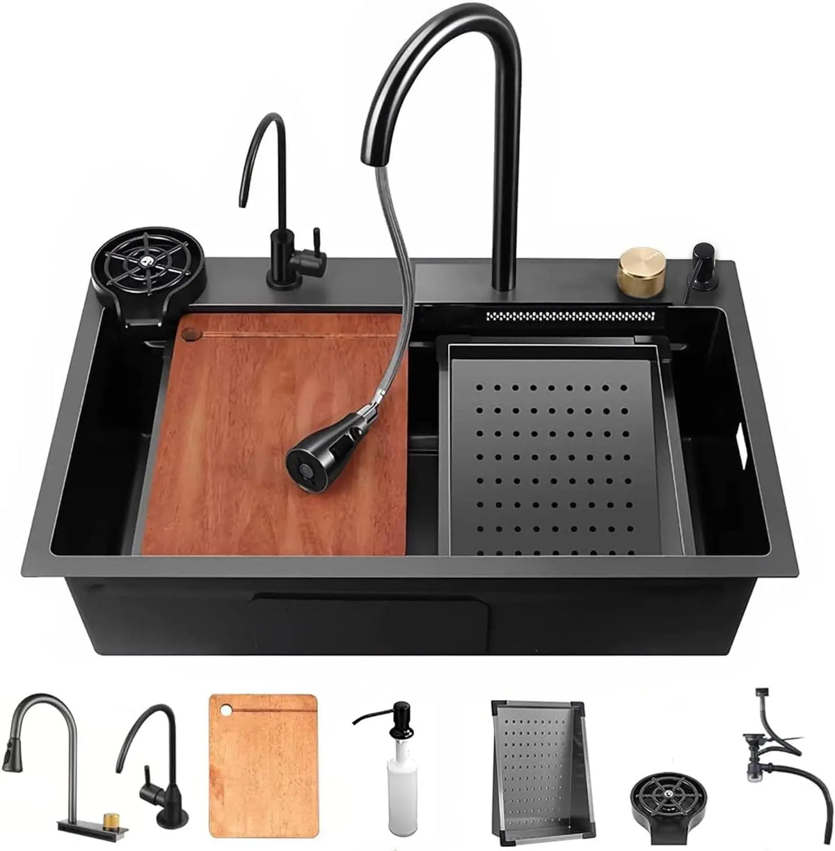 Fossa 24"x18"x10" inch Waterfall SS-304 Grade Nano Kitchen Sink with Integrated Pull Out Mixer Faucet & Complete Set Fossa Home