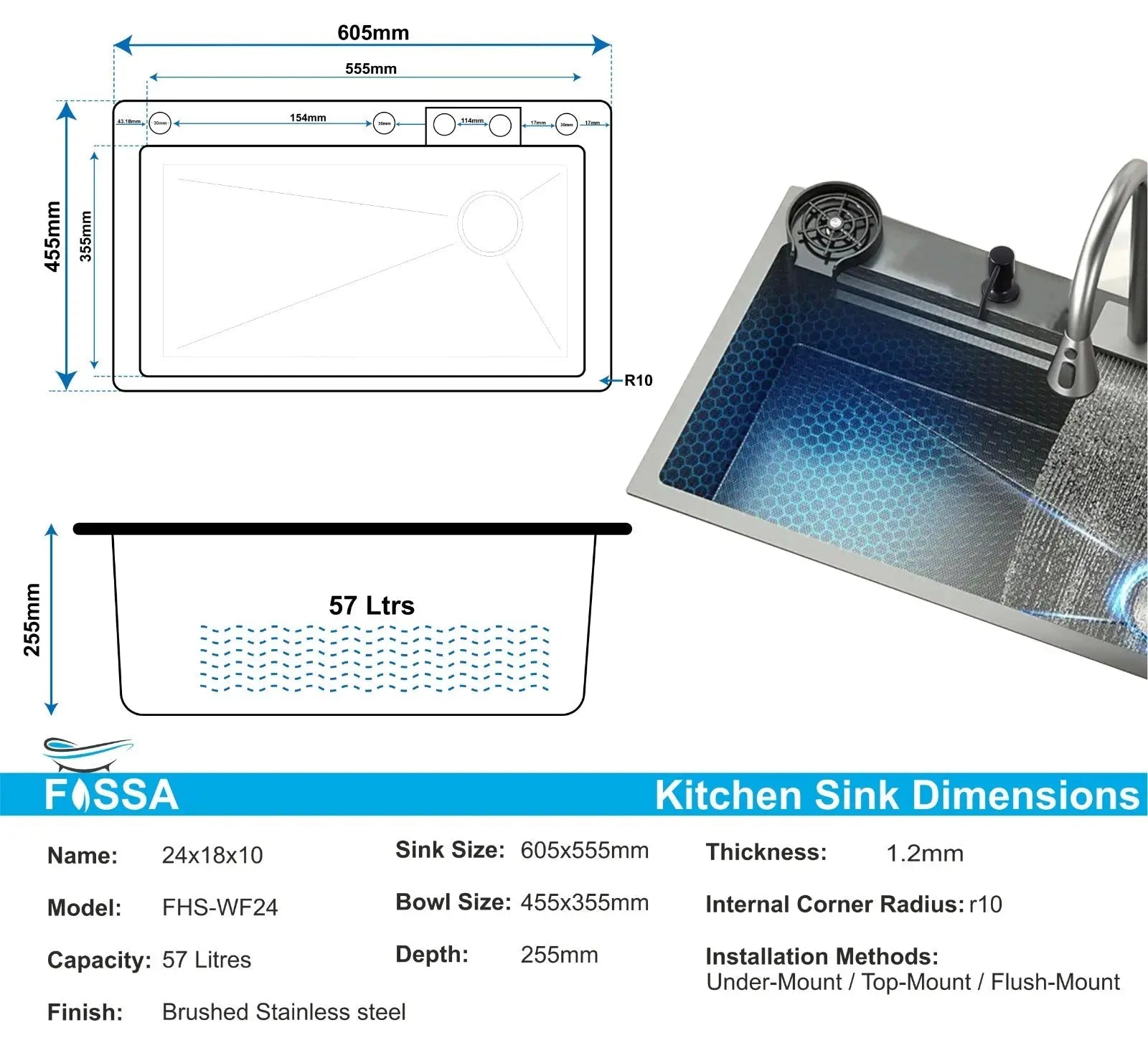 Fossa 24"x18"x10" inch Waterfall SS-304 Grade Nano Kitchen Sink with Integrated Pull Out Mixer Faucet & Complete Set Fossa Home