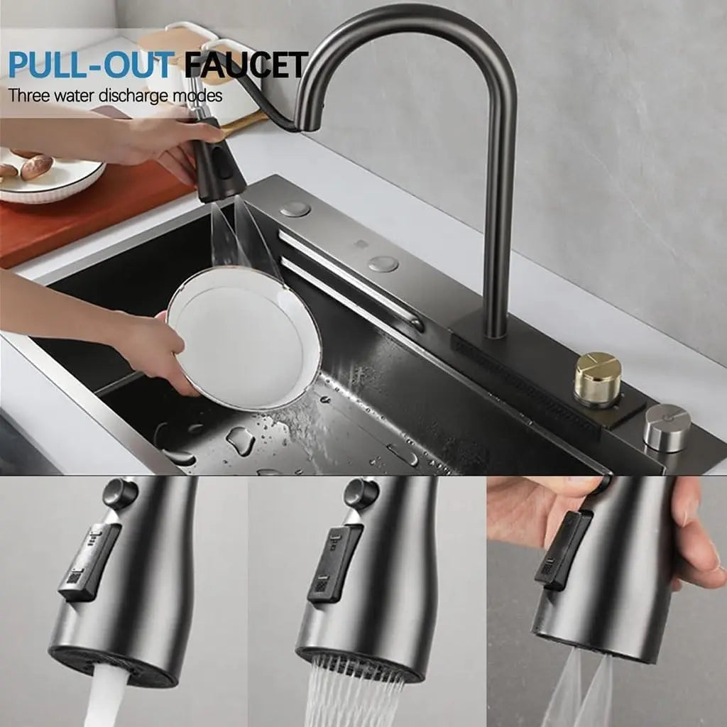 Fossa 24"x18"x10" inch Waterfall SS-304 Grade Nano Kitchen Sink with Integrated Pull Out Mixer Faucet & Complete Set Fossa Home
