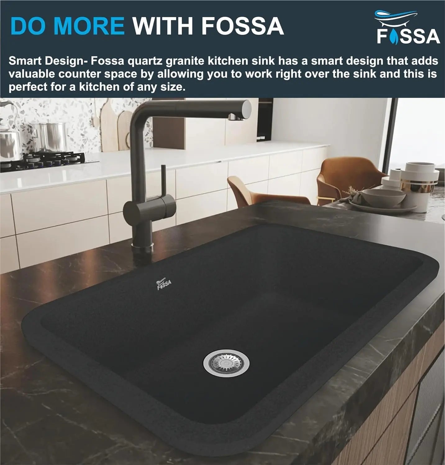 Fossa 30"x18"x09" Inch Granite Quartz Kitchen Sink Single Bowl with Basket, Coupling, Waste Pipe Quartz German Engineered Technology Kitchen Sink Easy-to-Clean Sink (Black) Fossa Home