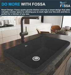 Fossa 30"x18"x09" Inch Granite Quartz Kitchen Sink Single Bowl with Basket, Coupling, Waste Pipe Quartz German Engineered Technology Kitchen Sink Easy-to-Clean Sink (Black) Fossa Home