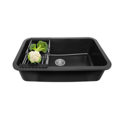 Fossa 30"x18"x09" Inch Granite Quartz Kitchen Sink Single Bowl with Basket, Coupling, Waste Pipe Quartz German Engineered Technology Kitchen Sink Easy-to-Clean Sink (Black) Fossa Home