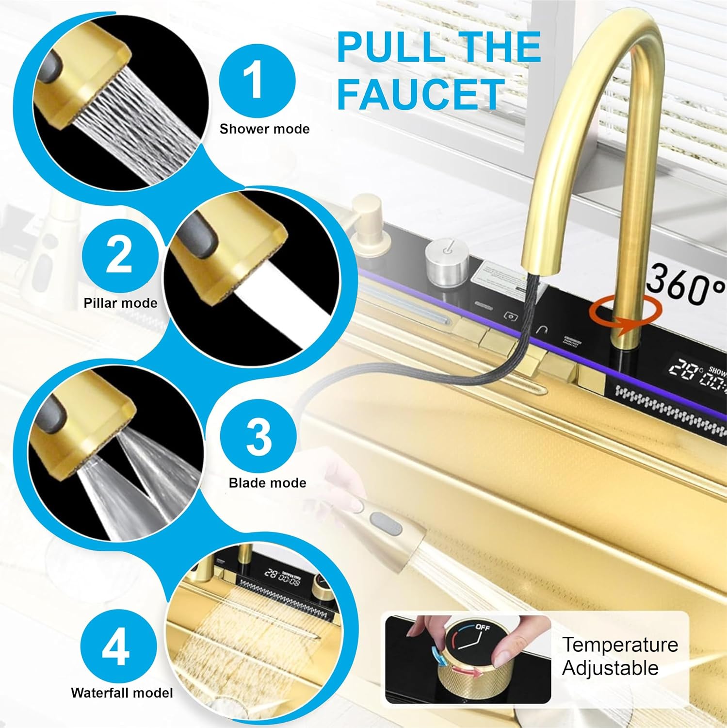 Fossa 30"x18"x09" Inch Piano Premium Waterfall Stainless Steel Sink with LED Pannel and Touchscreen Digital Display - Nano Finish with All Accessories (Gold) - Fossa Home 