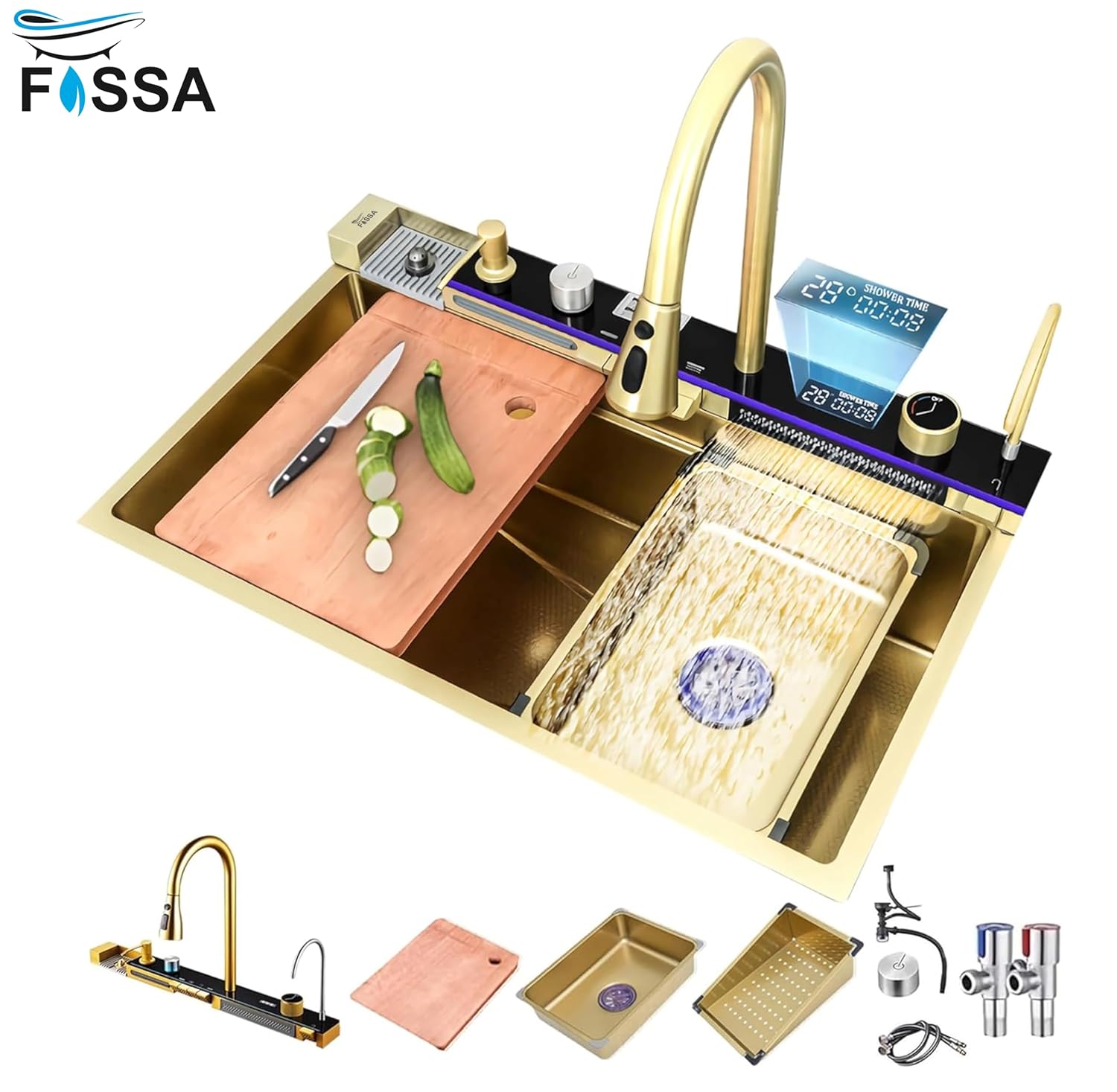 Fossa 30"x18"x09" Inch Piano Waterfall 304 Grade Stainless Steel Sink with LED Pannel and Touchscreen Digital Display - Nano Finish with All Accessories (Gold) - Fossa Home 