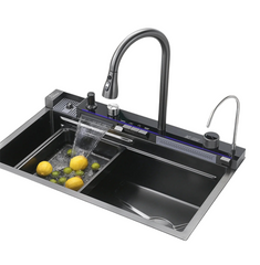 Fossa 30"x18"x10" inch Piano Fully Equipped Kitchen Sink with Integrated Waterfall and Pull-down Faucets - Premium Stainless Steel Sink with LED Pannel and Digital Display - Nano Black Finish - Fossa Home 