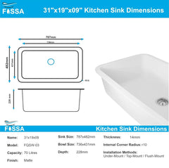 Fossa 31"x19"x09" Inch Granite Quartz Kitchen Sink Single Bowl with Basket, Coupling, Waste Pipe Quartz German Engineered Technology Kitchen Sink Easy-to-Clean Sink (White) Fossa Home