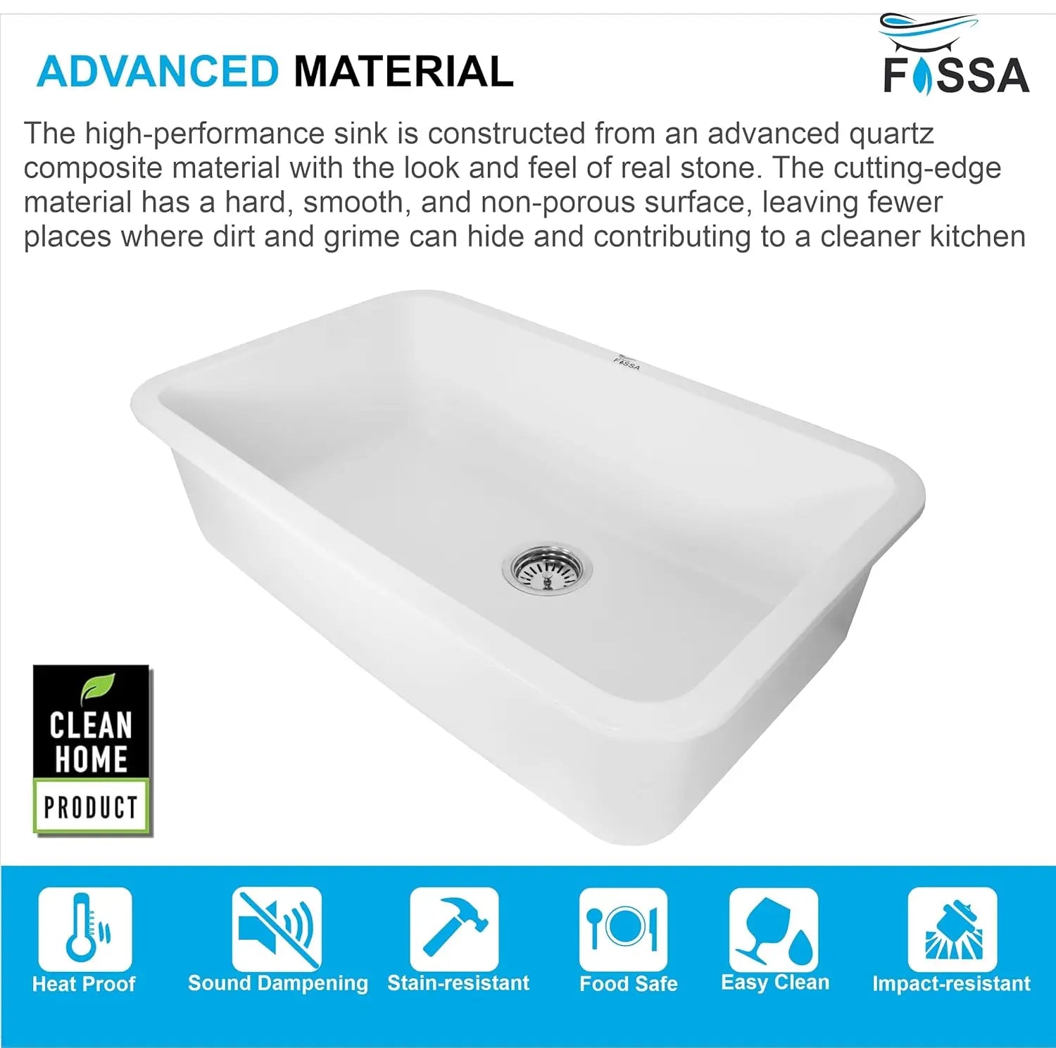Fossa 31"x19"x09" Inch Granite Quartz Kitchen Sink Single Bowl with Basket, Coupling, Waste Pipe Quartz German Engineered Technology Kitchen Sink Easy-to-Clean Sink (White) Fossa Home