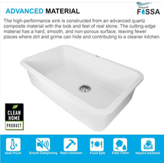 Fossa 31"x19"x09" Inch Granite Quartz Kitchen Sink Single Bowl with Basket, Coupling, Waste Pipe Quartz German Engineered Technology Kitchen Sink Easy-to-Clean Sink (White) Fossa Home