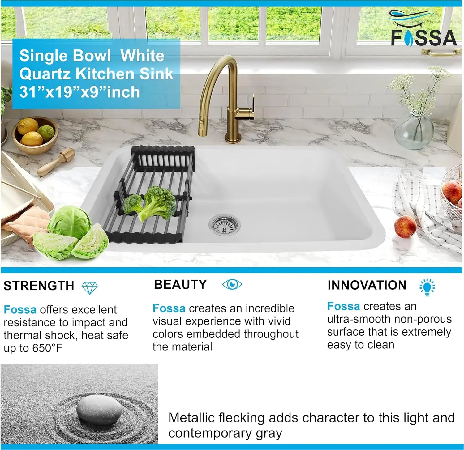 Fossa 31"x19"x09" Inch Granite Quartz Kitchen Sink Single Bowl with Basket, Coupling, Waste Pipe Quartz German Engineered Technology Kitchen Sink Easy-to-Clean Sink (White) Fossa Home