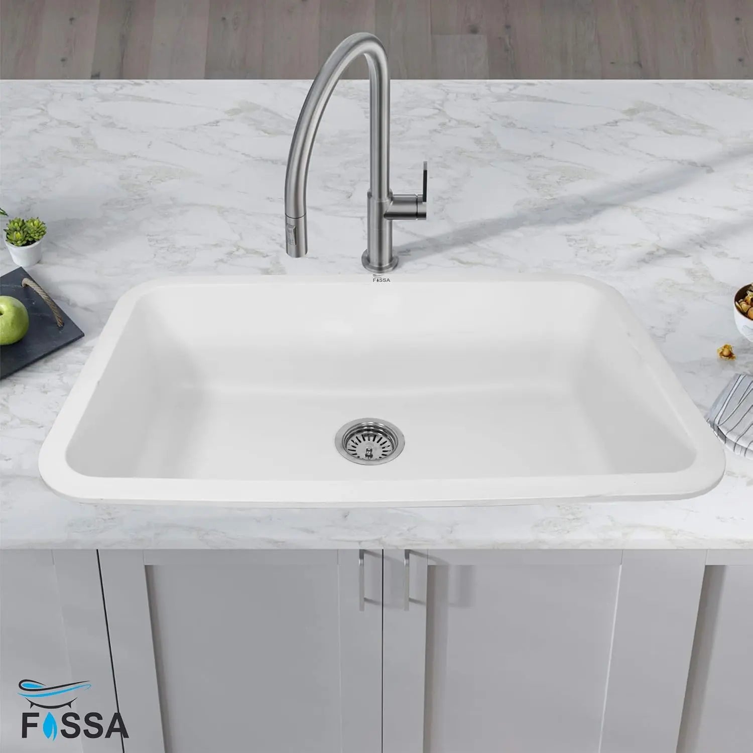 Fossa 31"x19"x09" Inch Granite Quartz Kitchen Sink Single Bowl with Basket, Coupling, Waste Pipe Quartz German Engineered Technology Kitchen Sink Easy-to-Clean Sink (White) Fossa Home